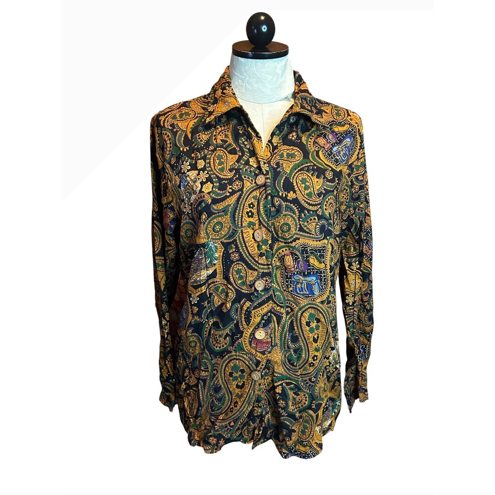 Ruff Hewn Vintage Paisley Camping Cabin Print Button Down Shirt Long Sleeve S